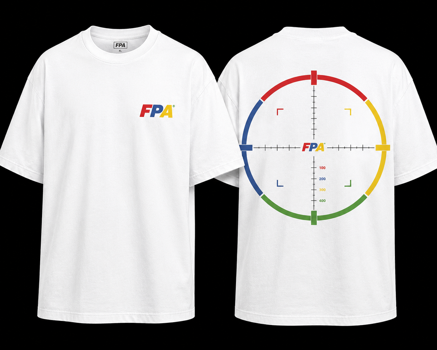 eBay Sniper Tee — FPA front, sniper-scope crosshair back print on white