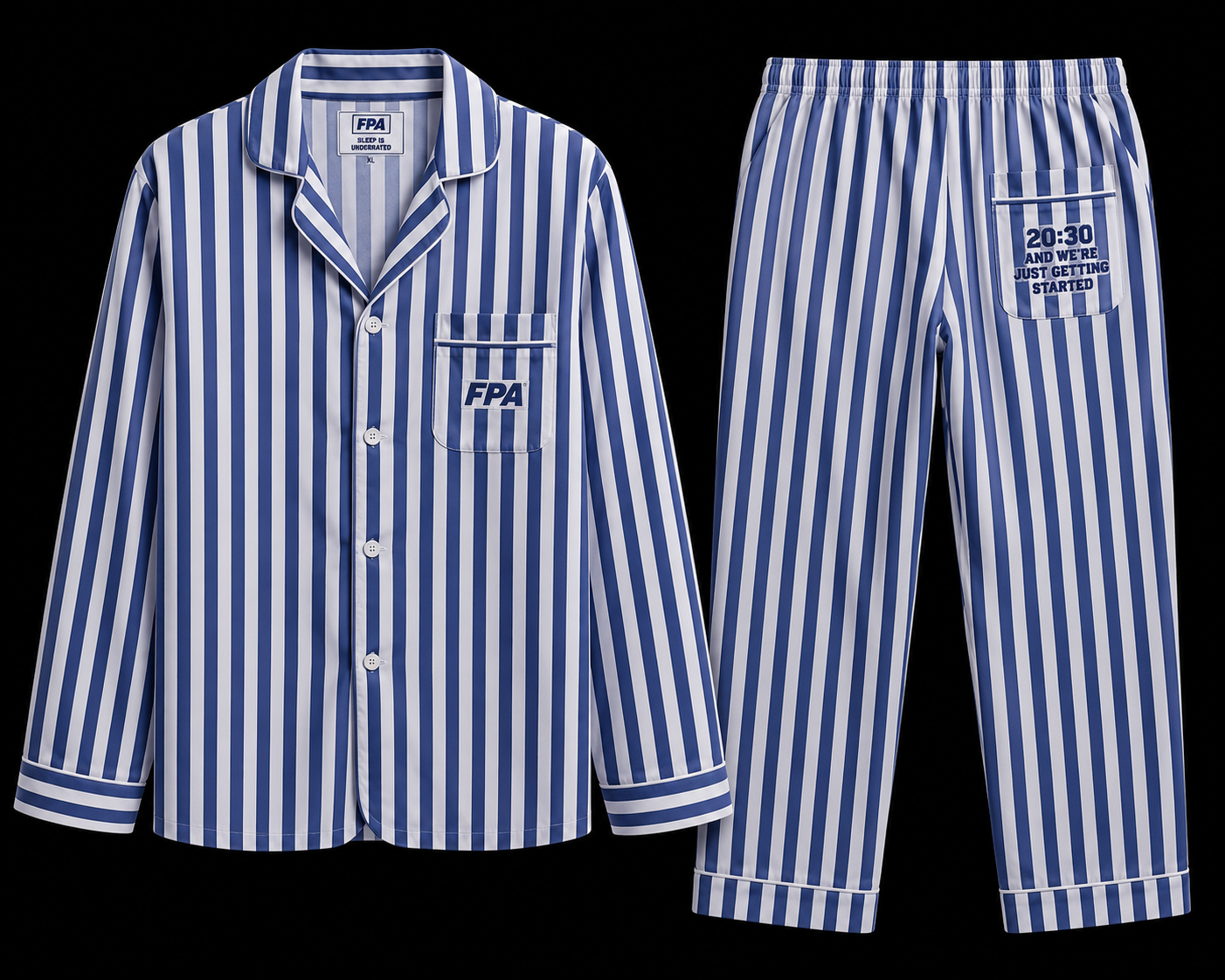 FPA Pyjamas — blue and white striped pyjama set with FPA crest
