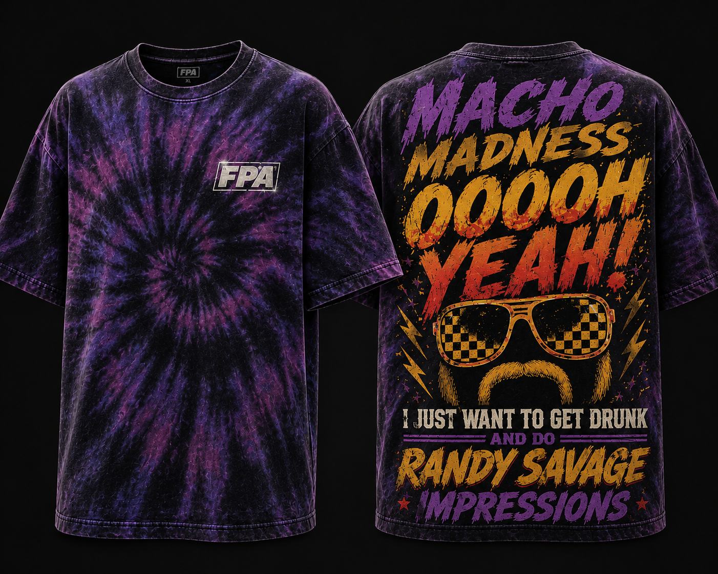 Randy Savage Impressions Tee — FPA front, 'Macho Madness Oooh Yeah' Randy Savage impressions back print on purple tie-dye