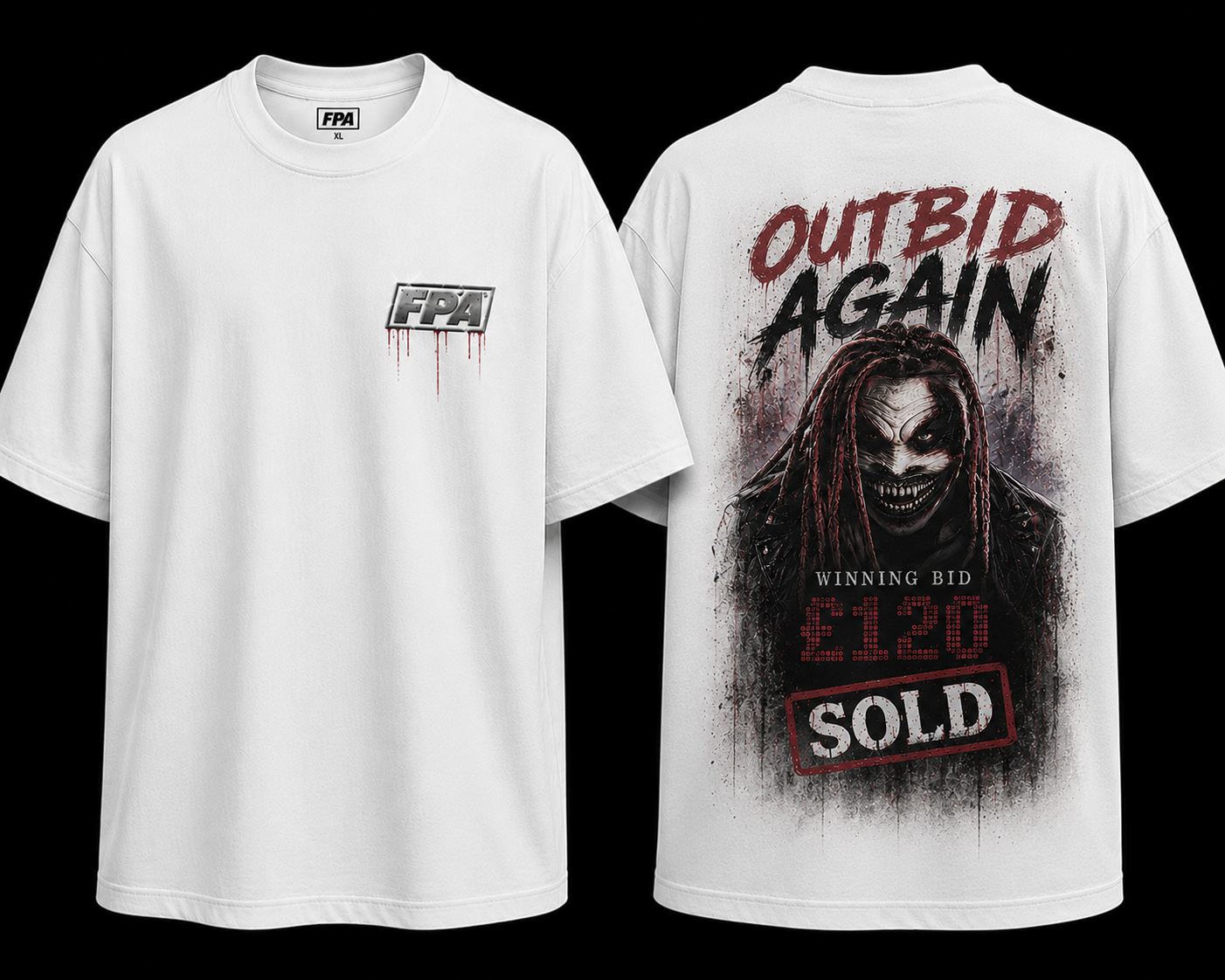 Outbid Again Tee — FPA front, The Fiend 'Outbid Again · SOLD' auction back print on white